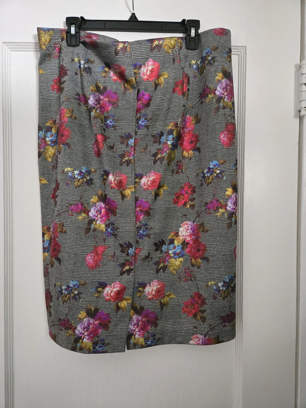 ECI Gray Plaid Pencil Skirt with Pink & Yellow Floral Print